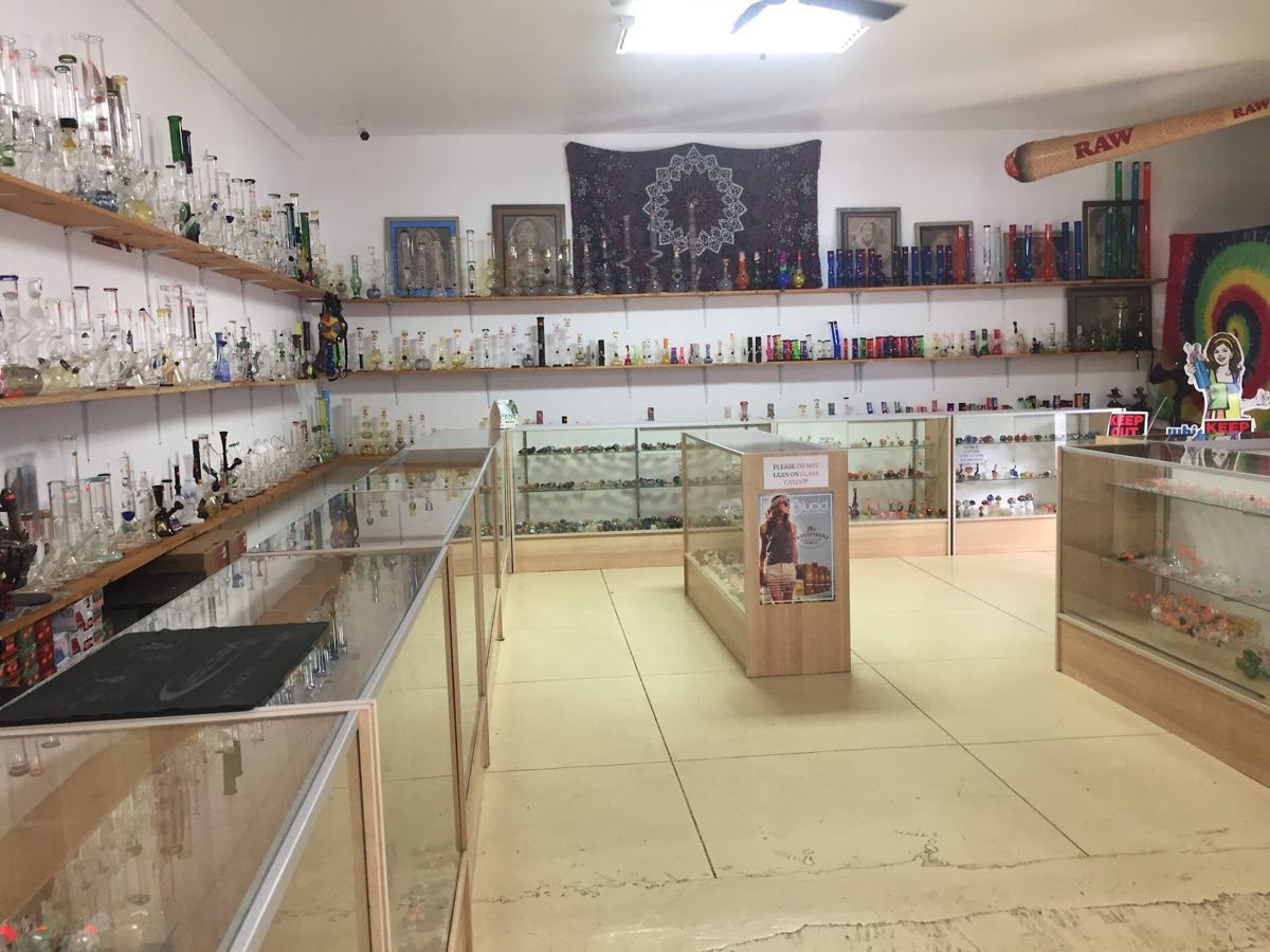Inside the shop: glass cases and shelves